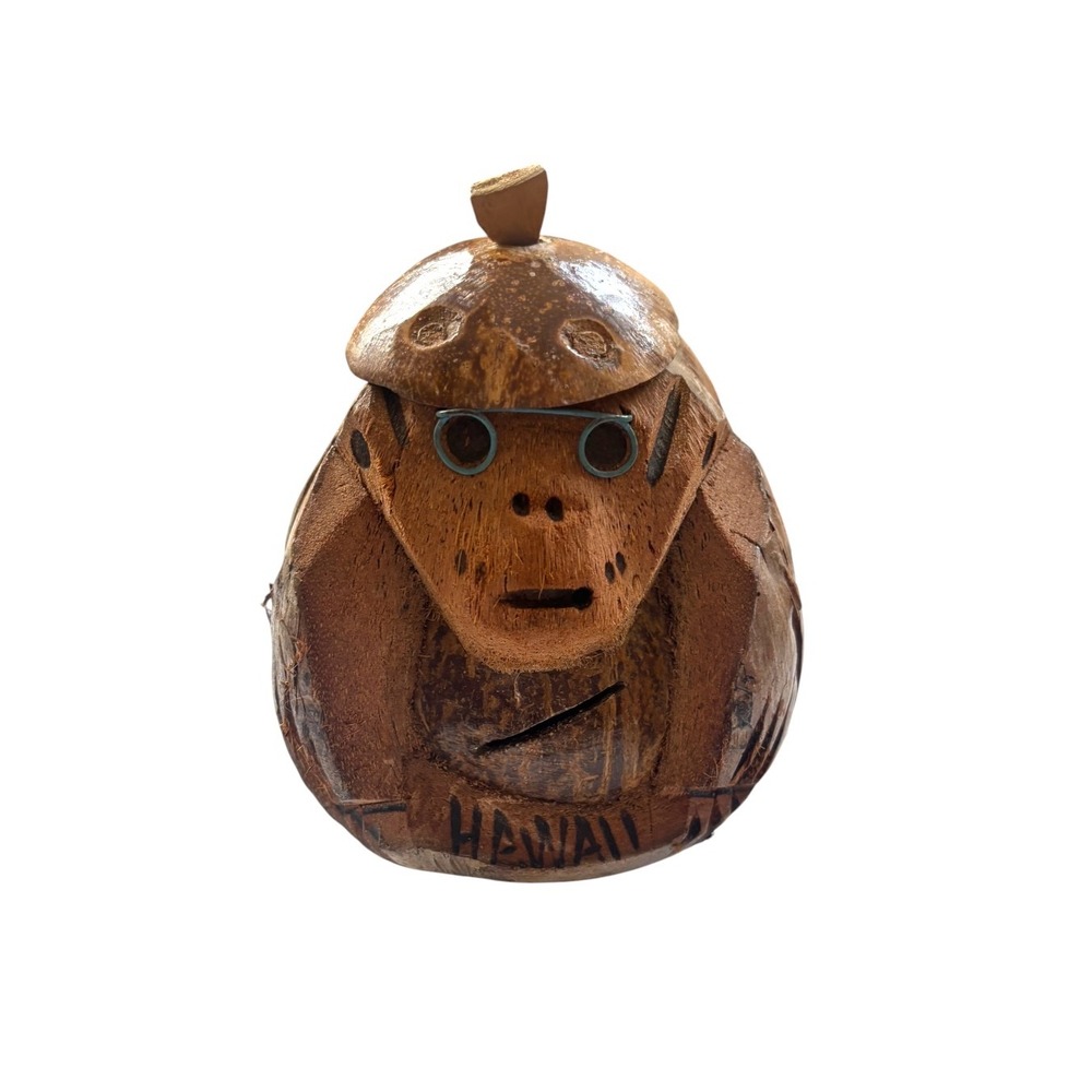 Natural Coconut Shell Monkey Coin Bank Hawaii Souvenir Hand Carved Tiki Decor